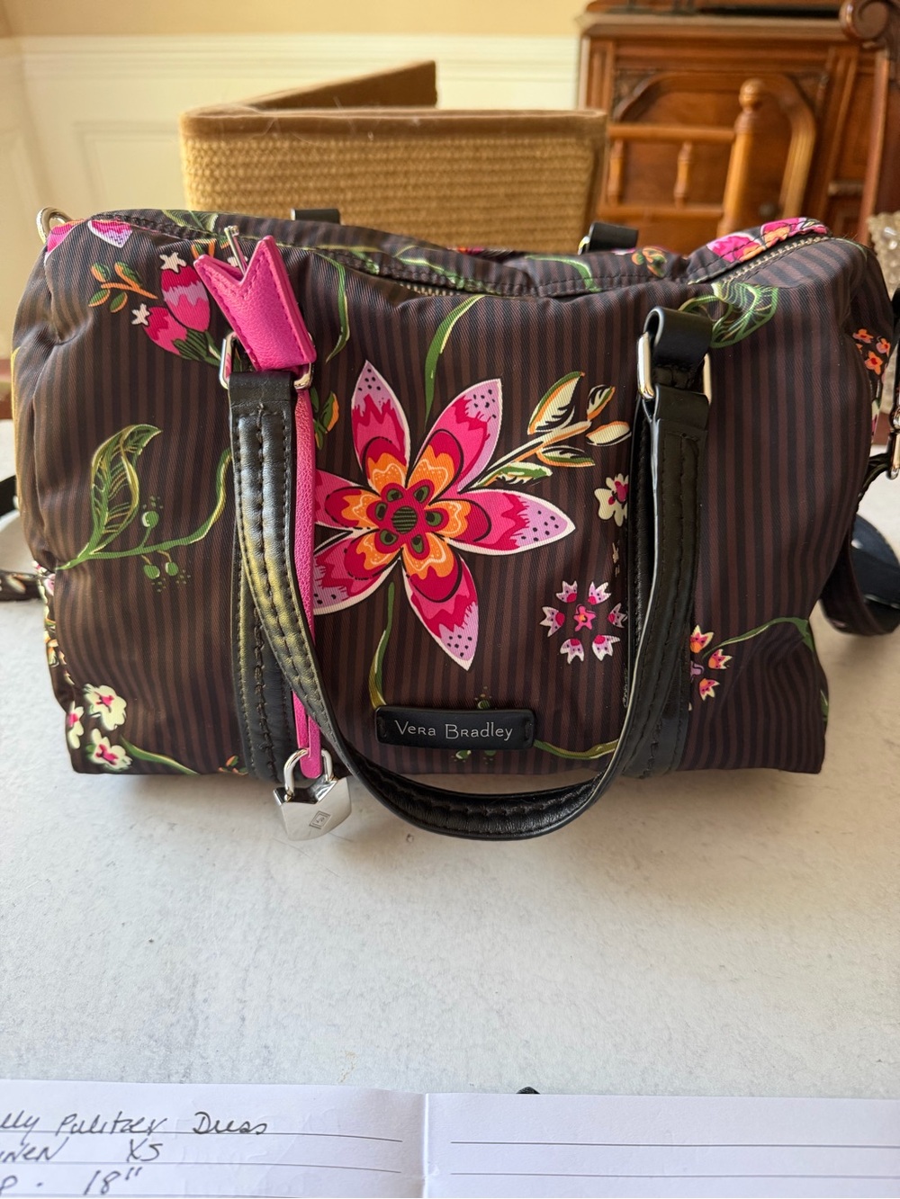 Vera Bradley Midtown Satchel  Floral Stripe Pink Brown Nylon Travel Lock Purse